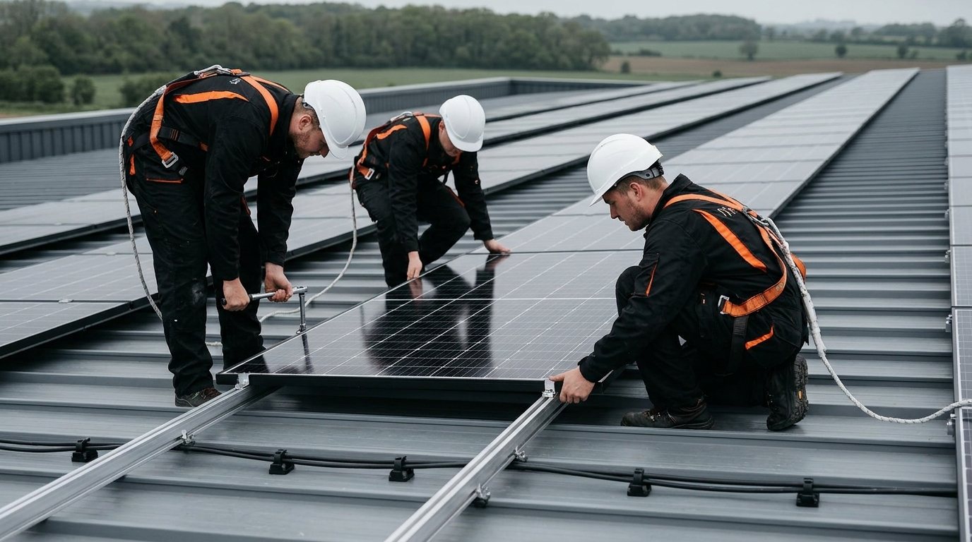 Монтажники Energy Solar встановлюють сонячні панелі на алюмінієві рейки за європейськими стандартами